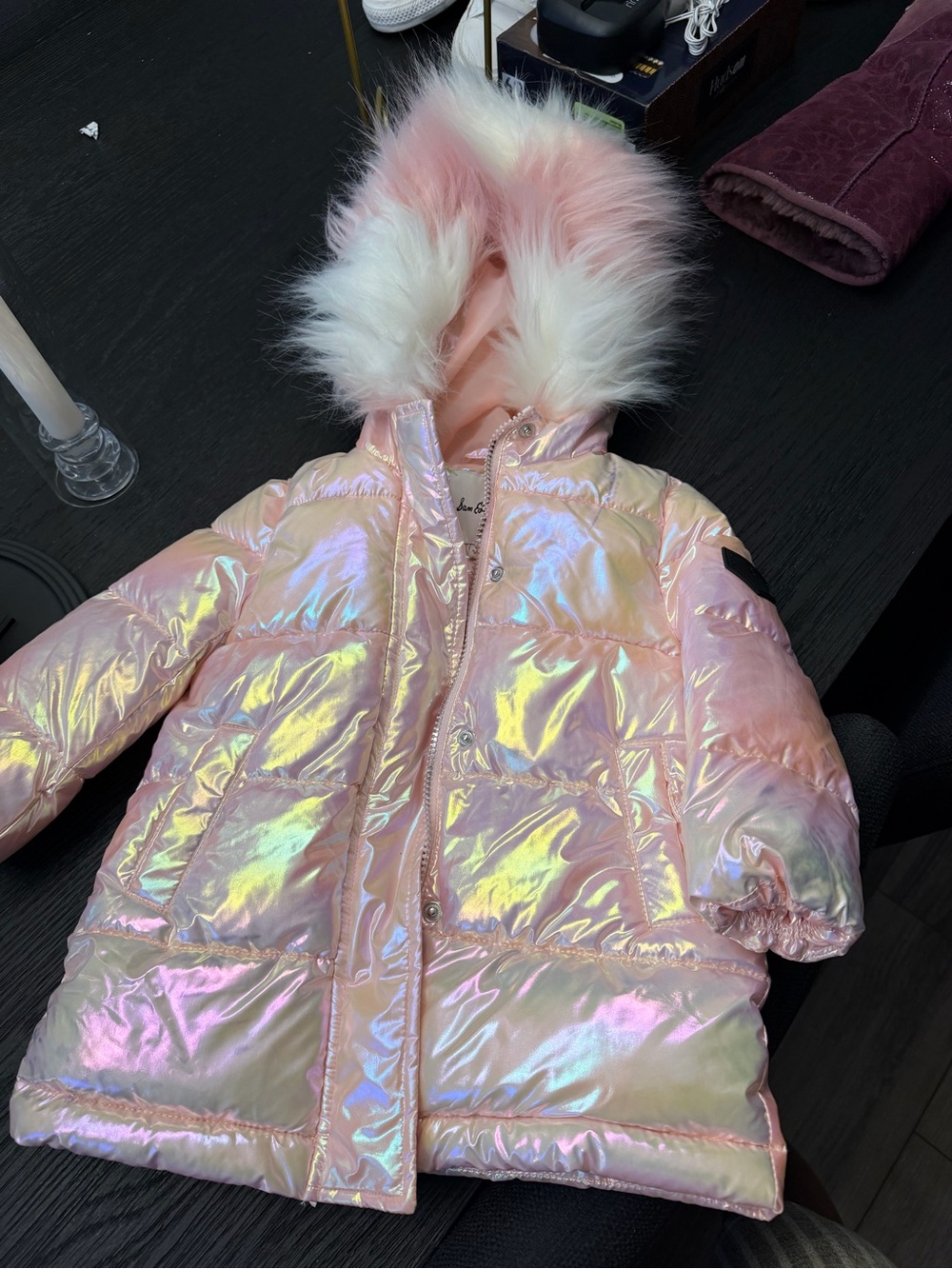 Sam Edelman Iridescent Pink Puffer Coat with Faux Fur Hood